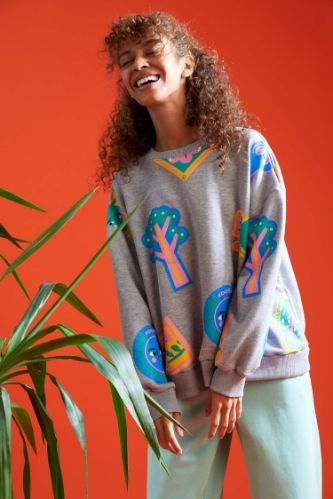 Doğa Temalı Oversize Fit Bisiklet Yaka Uzun Kollu Sweatshirt