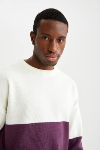 Oversize Fit Bisiklet Yaka Renk Bloklu Triko Kazak