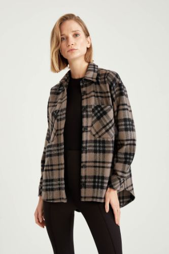 Retro Ekoseli Oversize Fit Cep Detaylı Flanel Oduncu Gömlek