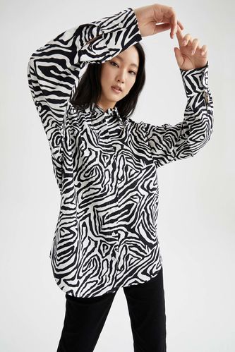 Oversize Fit Zebra Desenli Uzun Kollu Poplin %100 Pamuk Gömlek