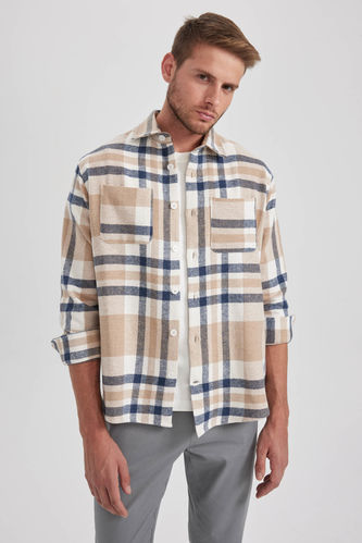 Relax Fit Polo Collar Cotton Plaid Long Sleeve Shirt