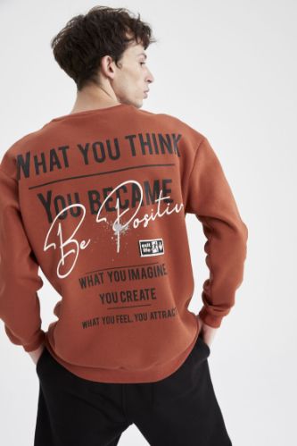 Boxy Fit Bisiklet Yaka Sırt Baskılı Uzun Kollu İçi Yumuşak Tüylü Sweatshirt