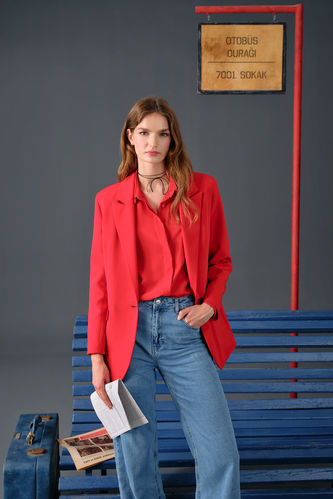 Oversize Fit Cep Kapaklı Kırmızı Blazer Ceket