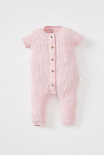 Baby Girl Short Pocket Detailed Waffele Textured Jumpsuit