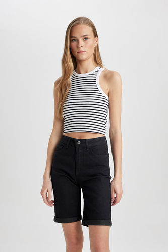 Fitted Crew Neck Striped Ribbed Camisole Crop Top