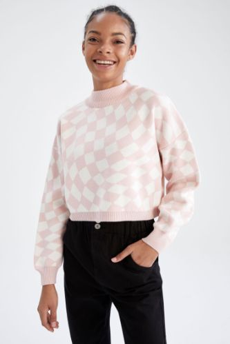 Coool Crop Yarım Balıkçı Yaka Dama Desenli Kazak