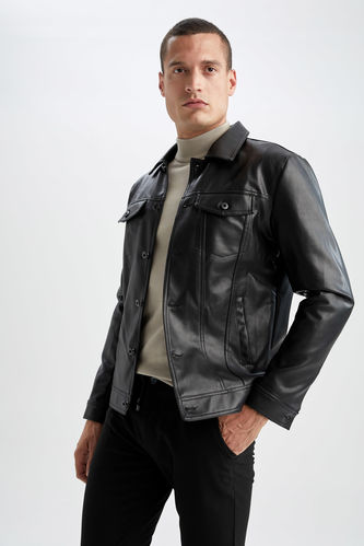 Slim Fit Polo Collar Faux Leather Coat