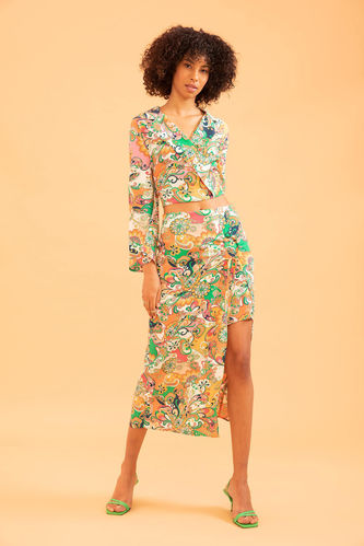 Floral Patterned Slit Detailed Leatherette Pencil Skirt