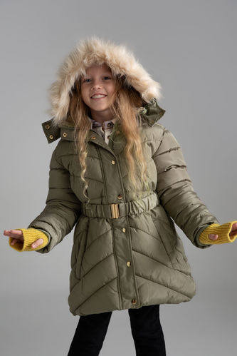 Girl Hooded Faux Fur Lined Long Puffer Jacket