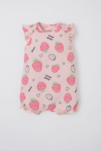 Baby Girl Strawberry Patterned Newborn Cotton Short Snap-On Jumpsuit