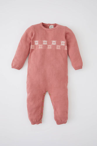 Baby Girl Crew Neck Ethnic Patterned Knitted Jumpsuit