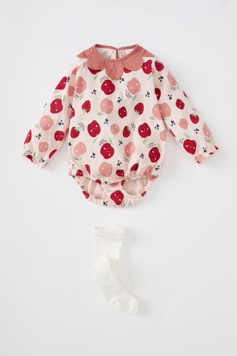 Baby Girl Regular Fit Newborn Apple Patterned Camisole Long Sleeve Jumpsuit Socks Set