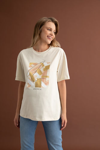 Regular Fit Slogan Printed Short Sleeve Maternity  Cotton T-Shirt