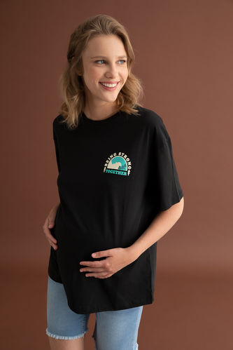 Regular Fit Slogan Printed Maternity Cotton T-Shirt
