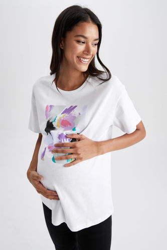 Regular Fit Crew Neck Printed Short Sleeve Maternity T-Shirt
