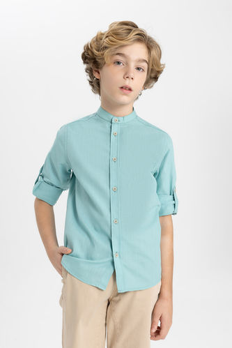 Boy High Collar Linen Look Long Sleeve Shirt