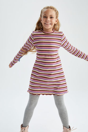 Girl Striped Long Sleeve Ribbed Camisole Dress