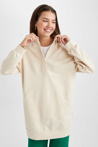 Relax Fit Stand Collar Half Zipper Basic Sweatshirt Tunic
