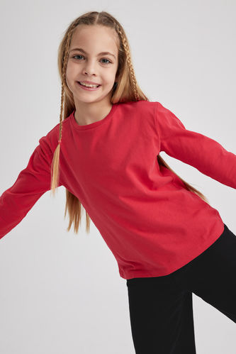 Kız Çocuk Bisiklet Yaka Uzun Kollu Kırmızı Tişört