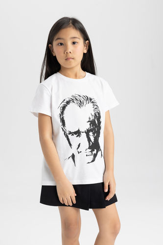 Kız Çocuk Atatürk Baskılı Kısa Kollu Beyaz Tişört