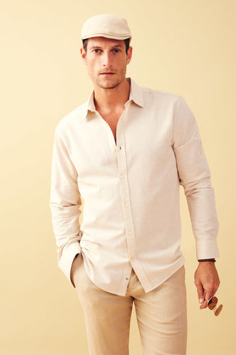 Modern Fit Polo Neck Linen Blended Long Sleeve Shirt