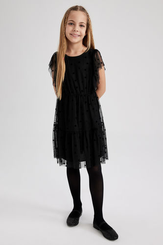 Kız Çocuk Kısa Kollu Tül Siyah Elbise