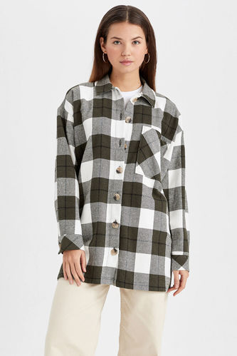 Relax Fit Flanel Shirt Collar Plaid Long Sleeve Tunic