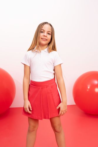 Kız Çocuk Slim Fit Basic Fitilli Kaşkorse Kısa Kollu Beyaz Polo Tişört