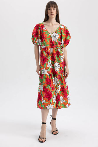 V-Neck Floral Poplin Raglan Sleeve Midi Short Sleeve Dress