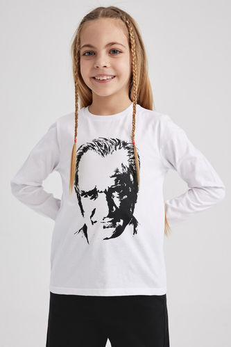 Kız Çocuk Atatürk Baskılı Uzun Kollu Beyaz Tişört