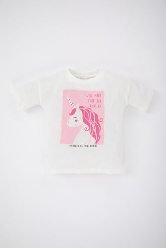 Kız Bebek Bisiklet Yaka Unicorn Baskılı Kısa Kollu Tişört