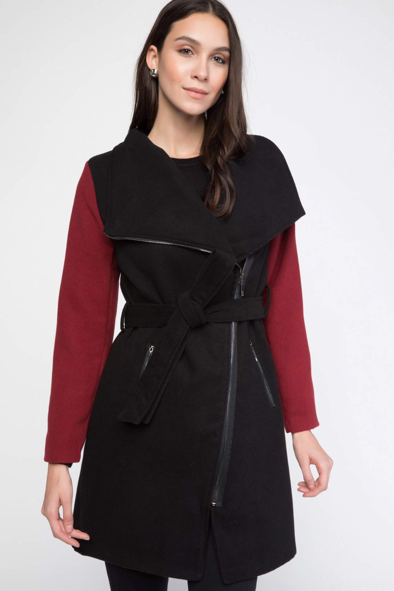 DeFacto kobieta Patchwork dwukolorowy wełniany płaszcz z DeFacto kobieta nowa moda stałe długi, z kapturem kieszeni