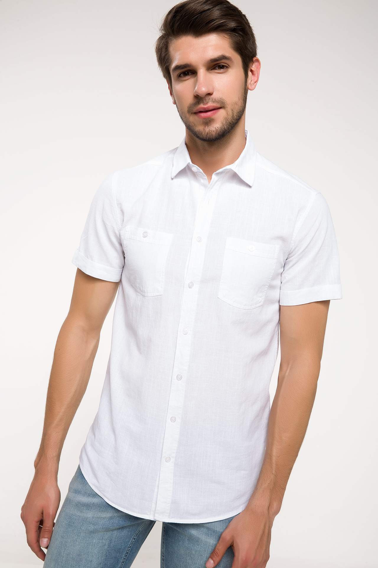 Domple Mens Cotton Linen Casual Stand Collar Short Sleeve Solid Shirt