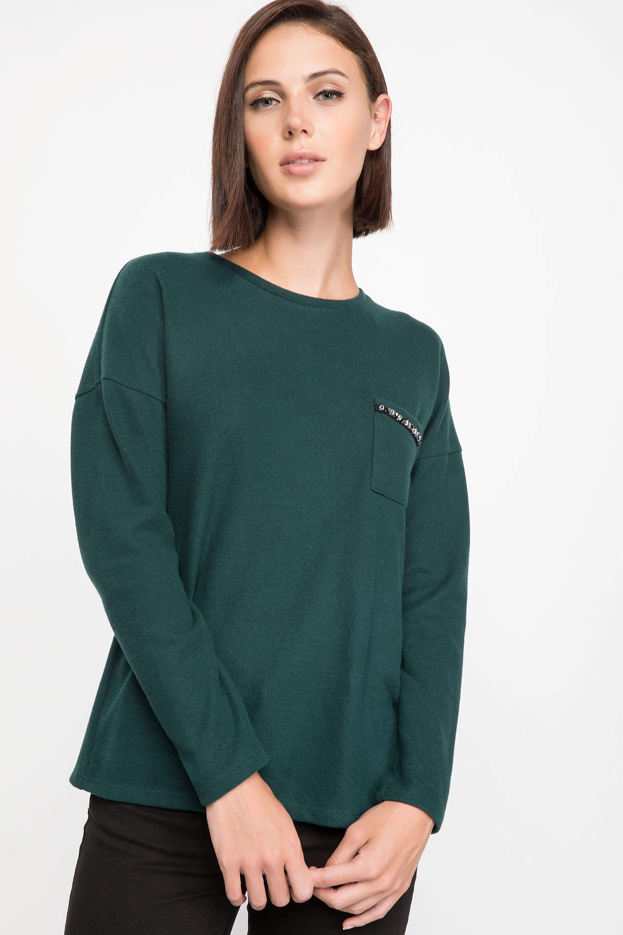 DeFacto Kadın Taş İşleme Detaylı Uzun Kollu T-shirt Yeşil female