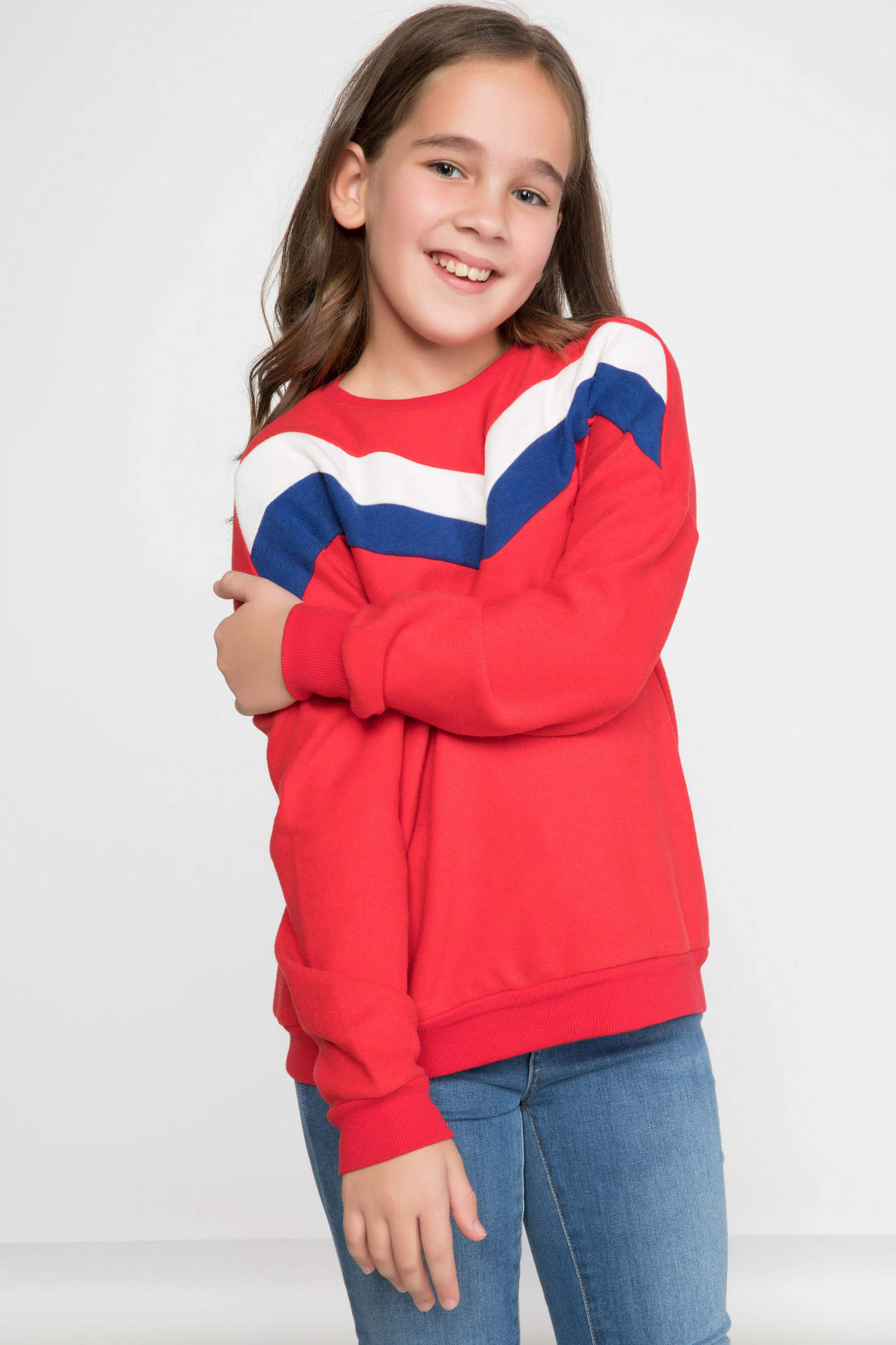 DeFacto Kız Çocuk Renk Bloklu Sweatshirt Kırmızı female
