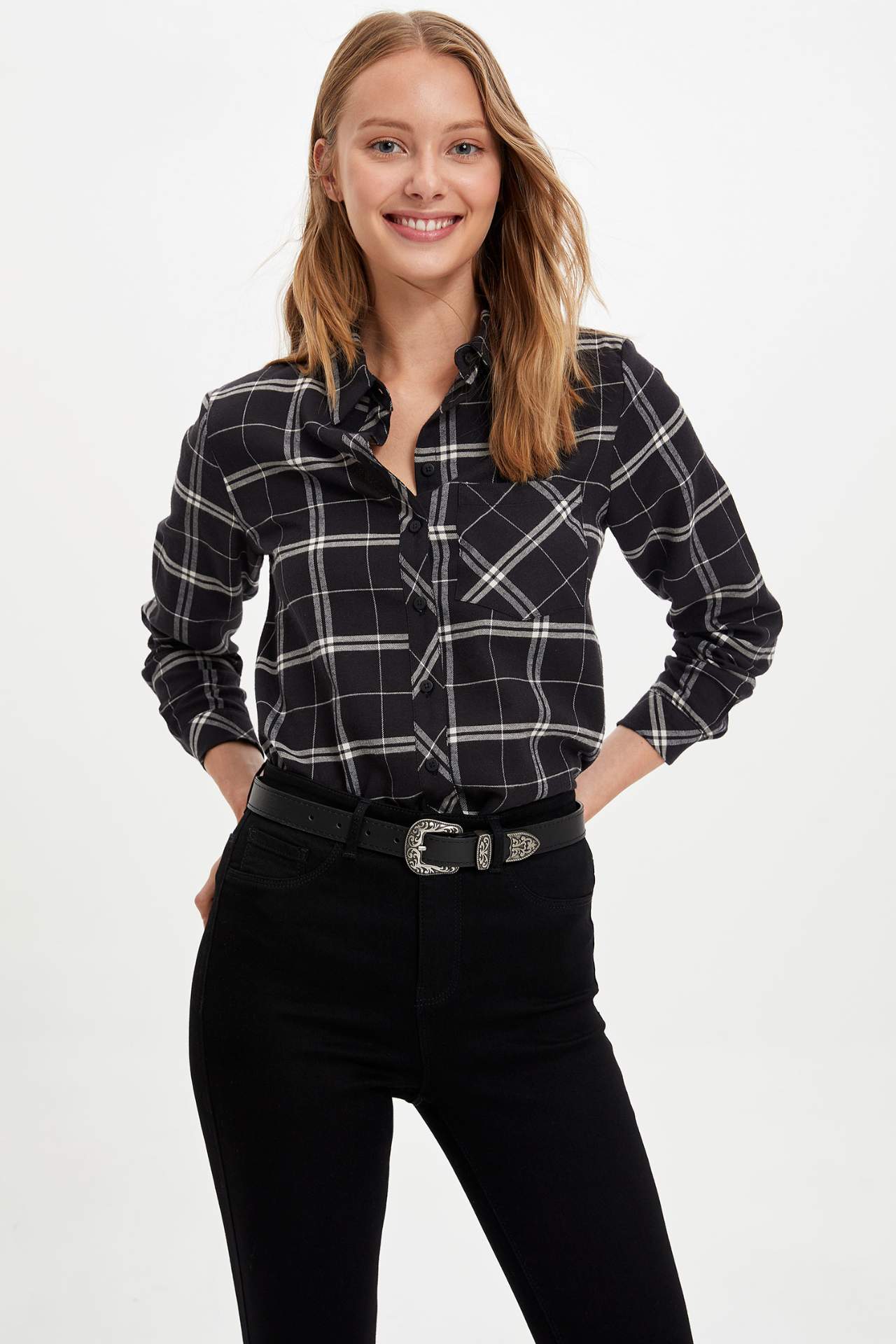 Black Plaid Shirts Women Casual Tops 