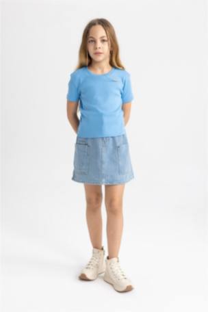 Kız Çocuk Slim Fit Ribana Kısa Kollu Tişört