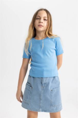 Kız Çocuk Slim Fit Ribana Kısa Kollu Tişört