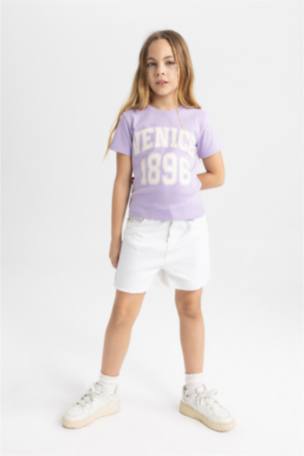 Kız Çocuk Slim Fit Bisiklet Yaka Üniversite Baskılı Fitilli Kaşkorse Kısa Kollu Tişört