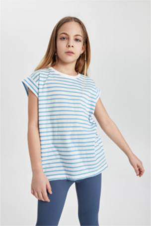 Kız Çocuk Oversize Fit Çizgili Kısa Kollu Tişört