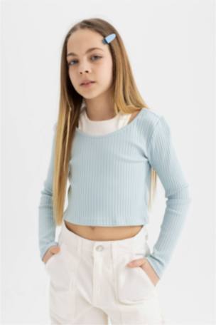 Kız Çocuk Slim Fit Bisiklet Yaka Fitilli Kaşkorse Uzun Kollu Tişört