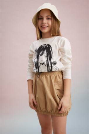 Kız Çocuk Oversize Fit Bisiklet Yaka Baskılı Uzun Kollu Tişört