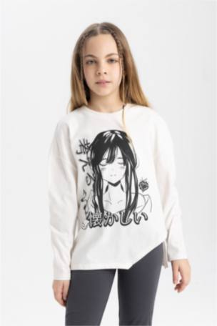 Kız Çocuk Oversize Fit Bisiklet Yaka Baskılı Uzun Kollu Tişört