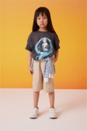 Kız Çocuk Hatsune Miku Oversize Fit Kısa Kollu Tişört