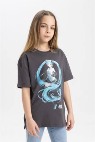 Kız Çocuk Hatsune Miku Oversize Fit Kısa Kollu Tişört