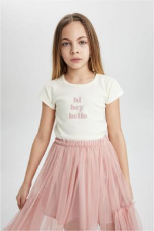 Kız Çocuk Slim Fit Ribana Baskılı Kısa Kollu Tişört