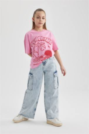 Kız Çocuk Oversize Fit Baskılı Kısa Kollu Tişört