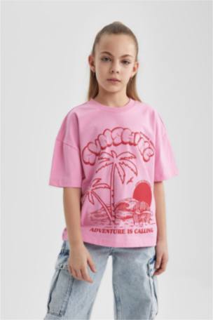 Kız Çocuk Oversize Fit Baskılı Kısa Kollu Tişört