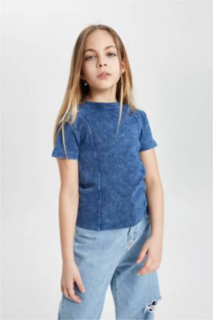 Kız Çocuk Slim Fit Fitilli Kaşkorse Kısa Kollu Tişört