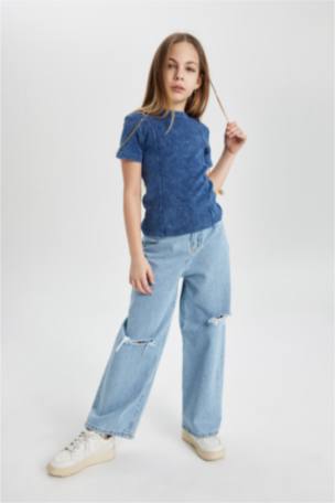 Kız Çocuk Slim Fit Fitilli Kaşkorse Kısa Kollu Tişört